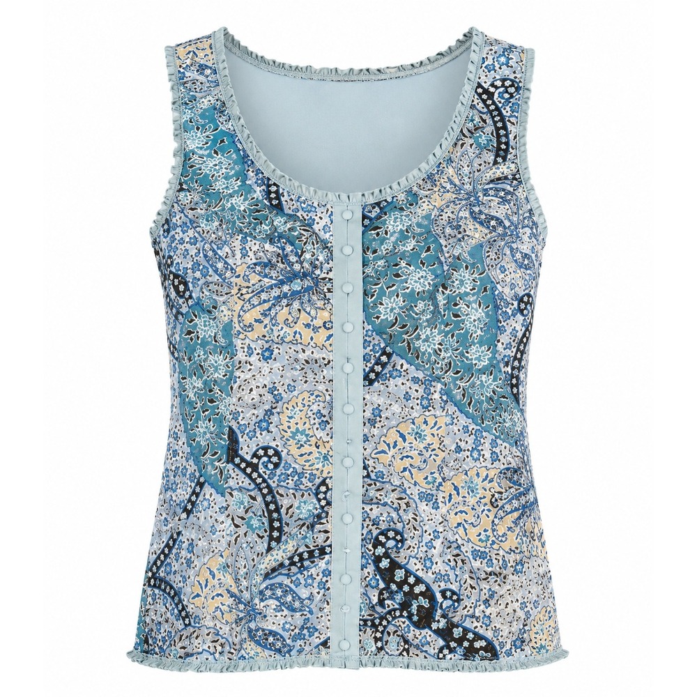Dressbarn Womens Blue Paisley Mesh Ruffle Tank Top Hook & Eye Front Size Medium - Picture 2 of 9